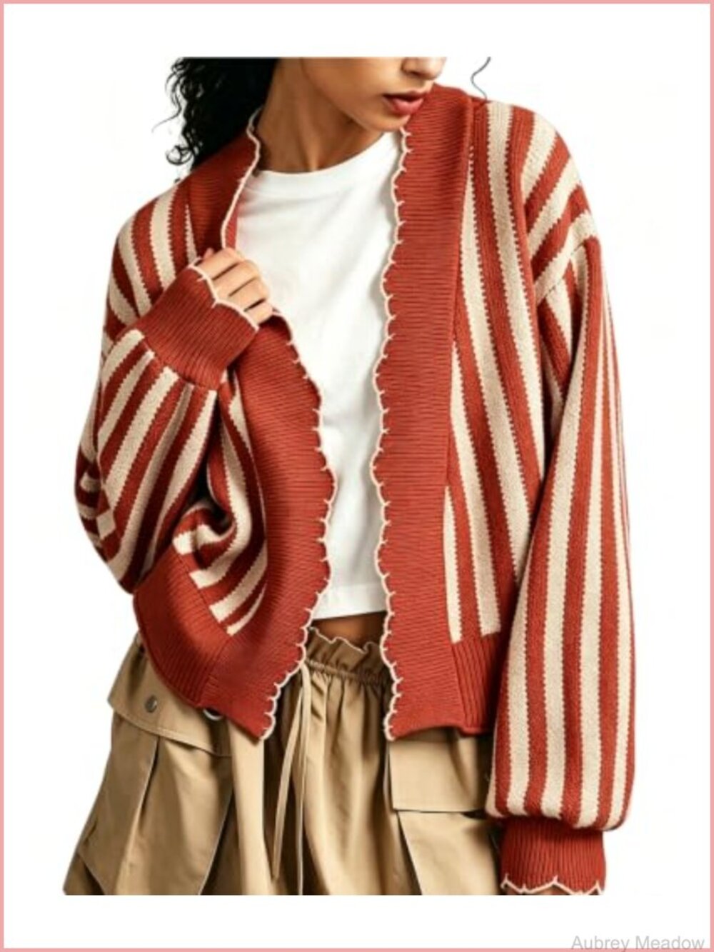 Waffle Knit Striped Open Front Cropped Cardigan V-Neck Long Sleeve